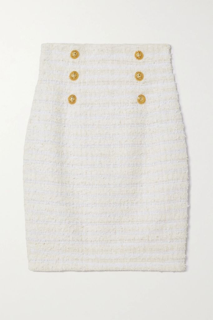 Button-embellished Metallic Cotton-blend Tweed Mini Skirt - White