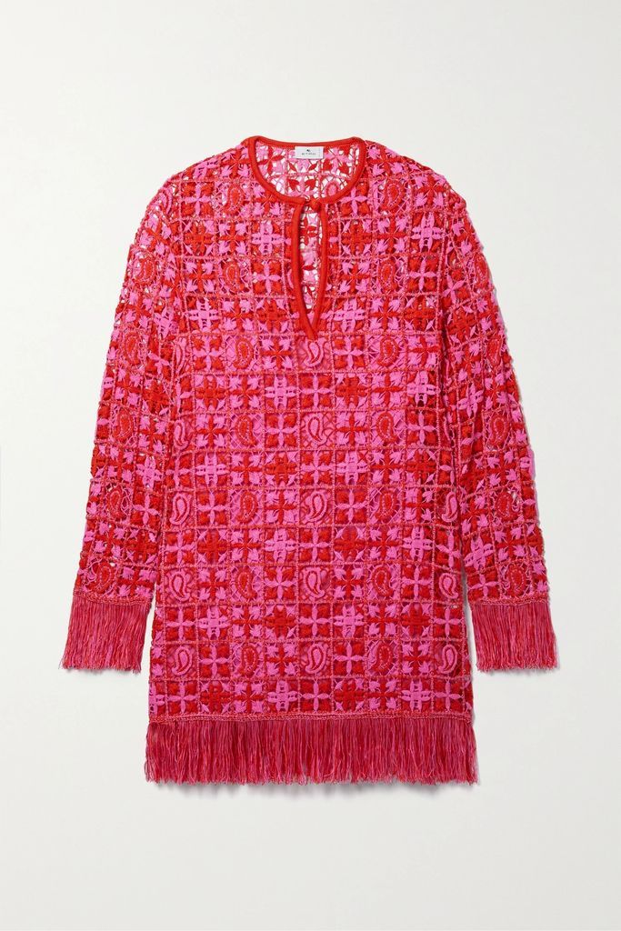 Fringed Crochet-knit Dress - Pink