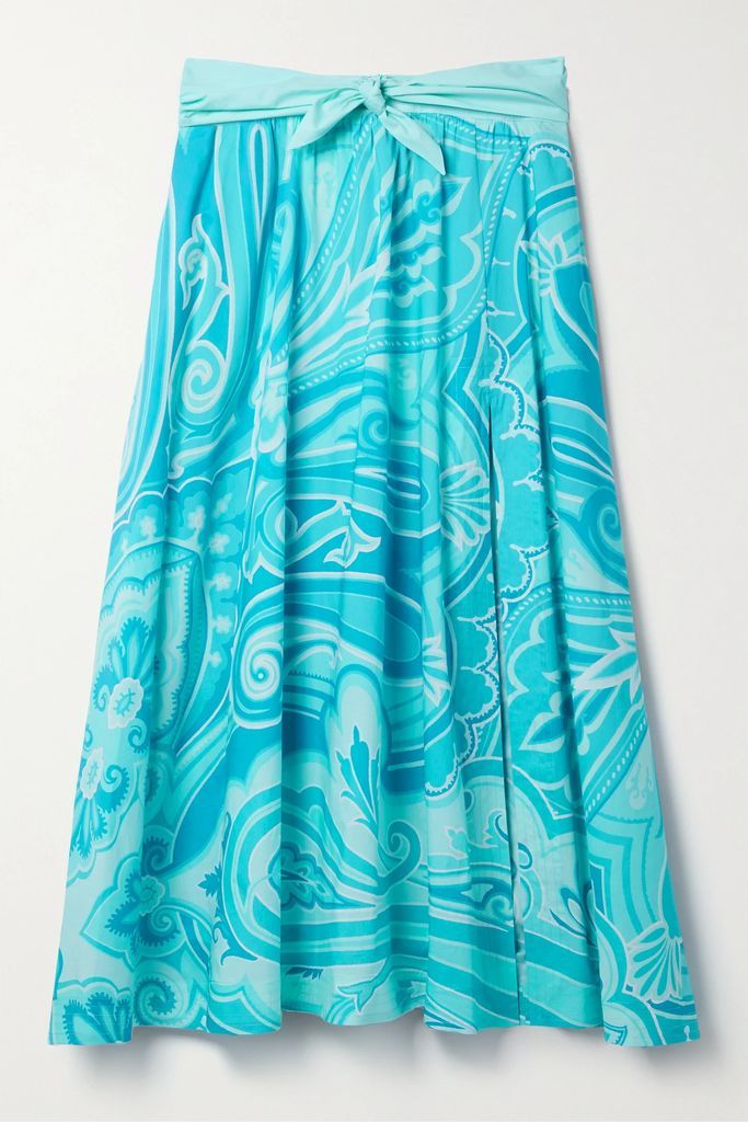 Printed Cotton-blend Poplin Midi Skirt - Blue