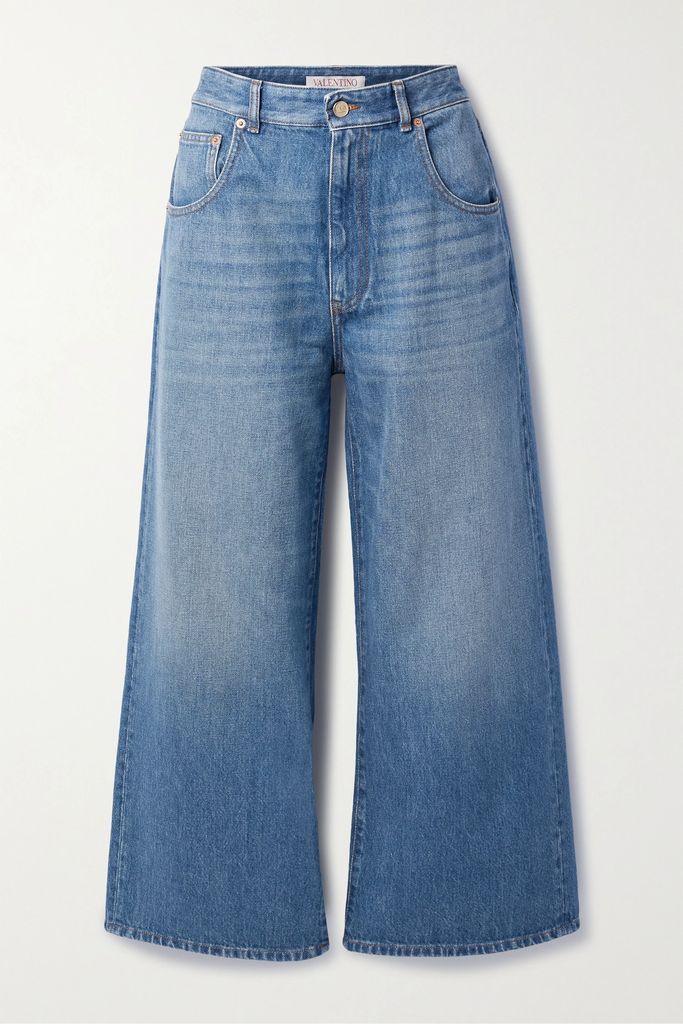 Chain-embellished Cropped High-rise Wide-leg Jeans - Mid denim