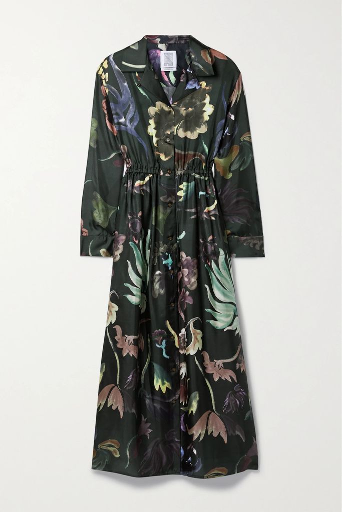 Floral-print Silk-twill Midi Dress - Black