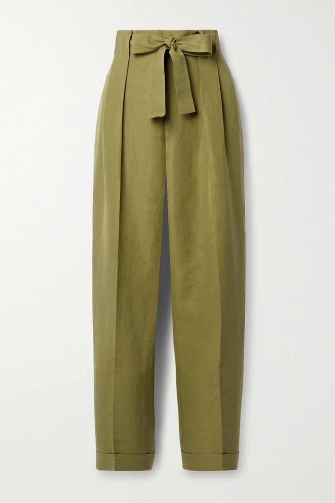 Waverly Belted Silk And Linen-blend Tapered Pants - Army green