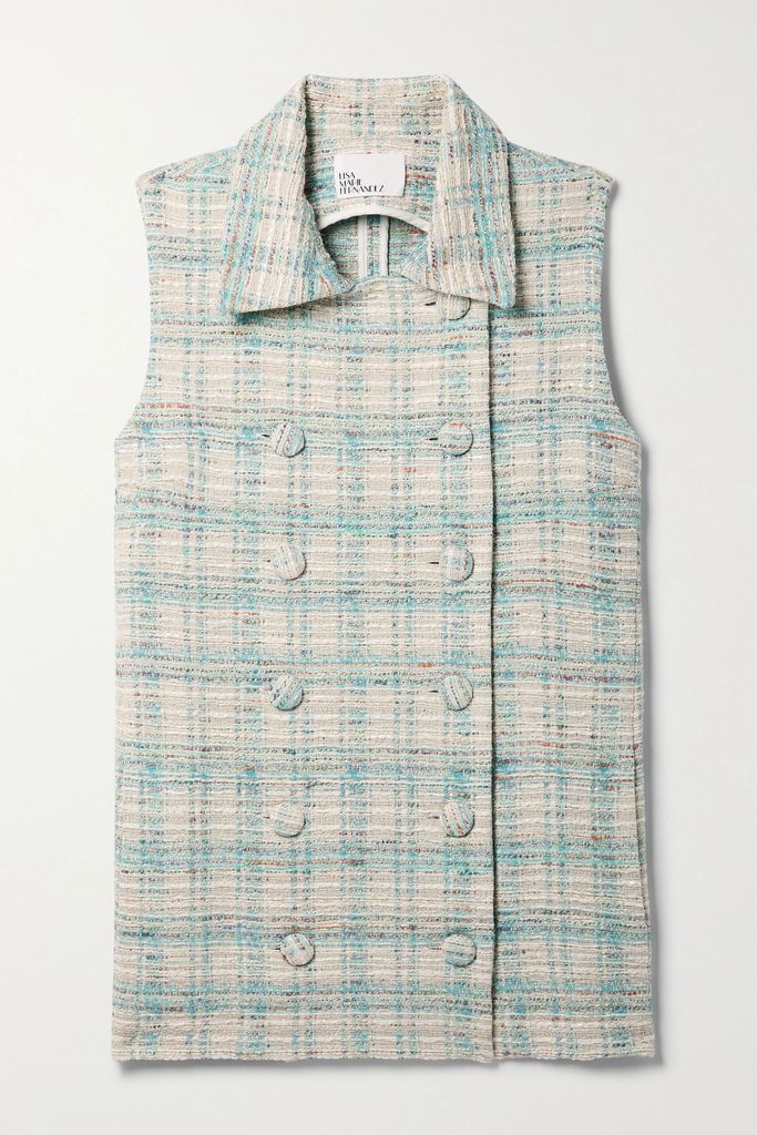 Double-breasted Checked Cotton-blend Tweed Vest - Blue