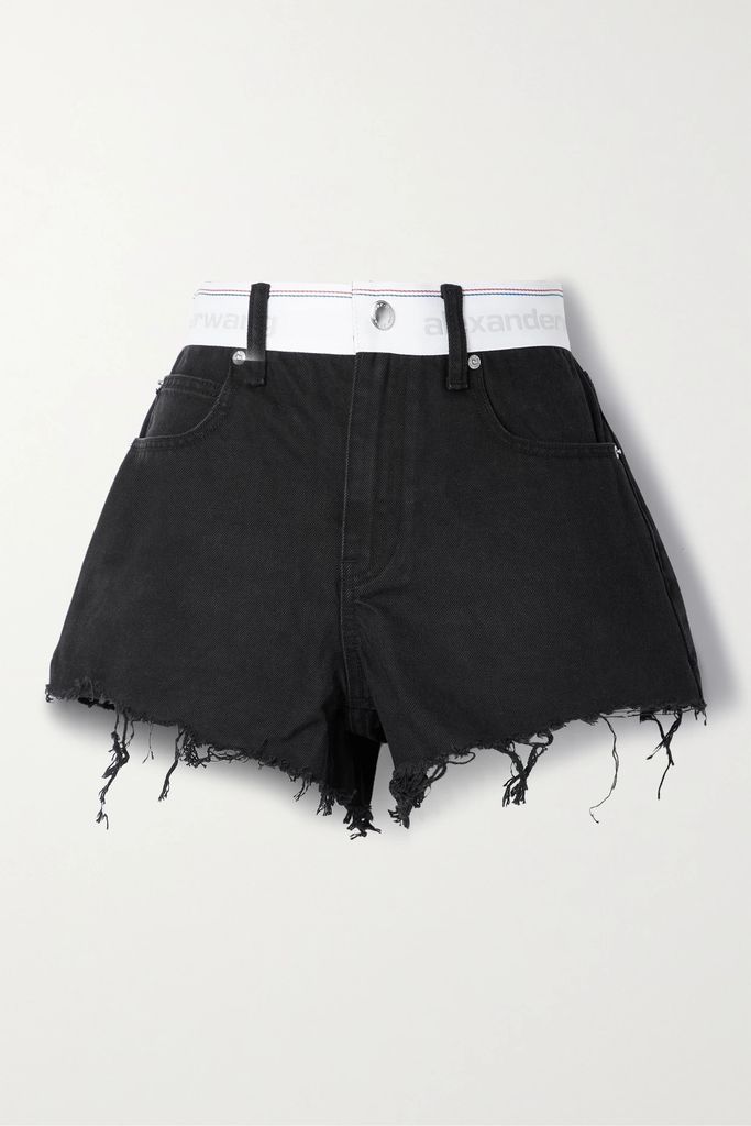 Jacquard-trimmed Frayed Denim Shorts - Black