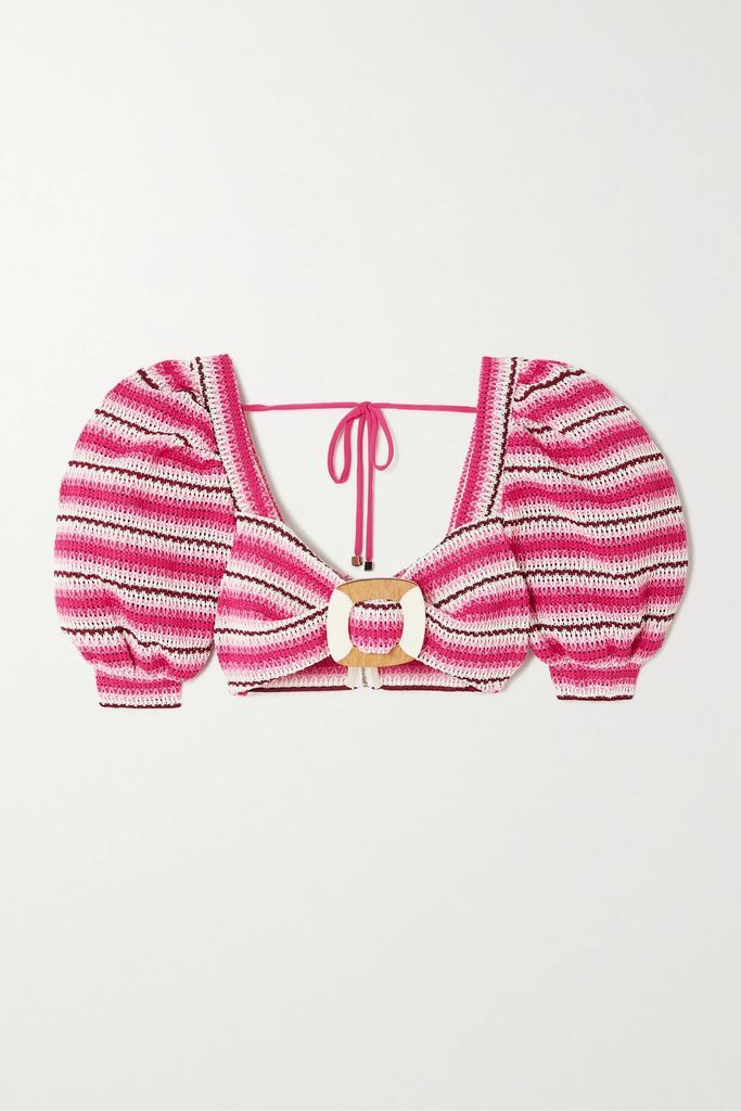 Cropped Embellished Striped Crocheted Top - Pink