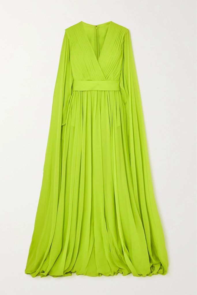 Cape-effect Pleated Silk Crepe De Chine Gown - Chartreuse