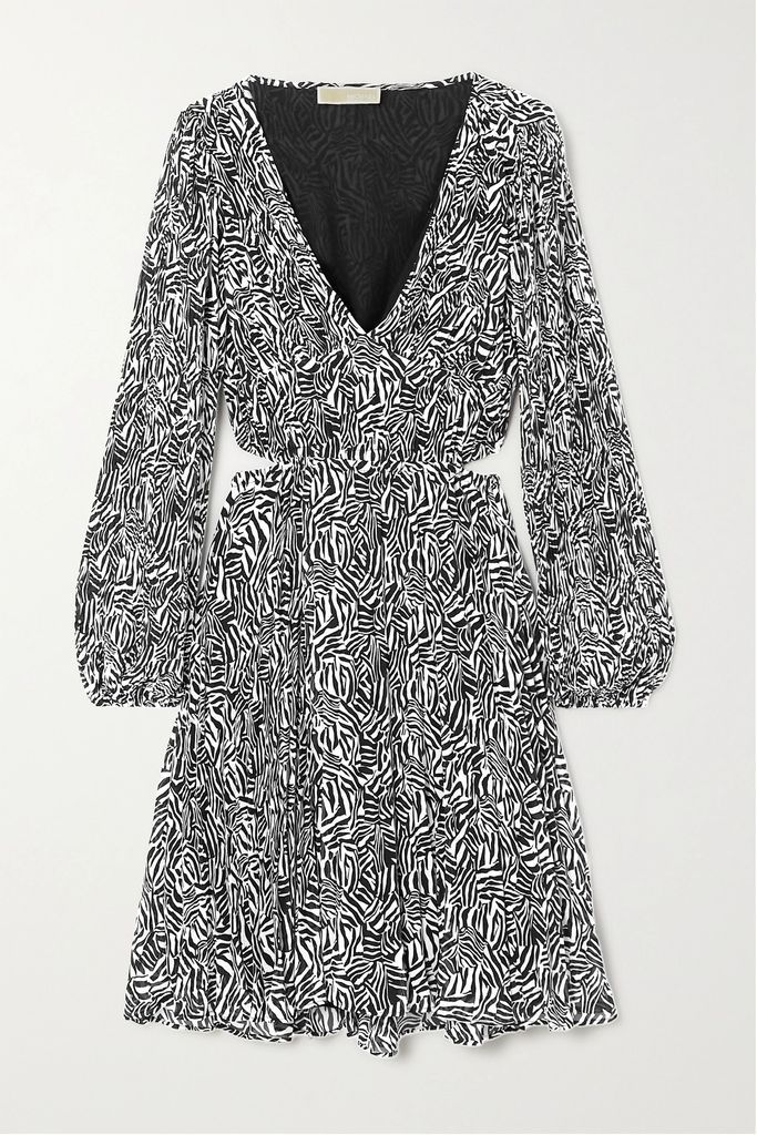 Cutout Pleated Zebra-print Recycled-georgette Mini Dress - Black