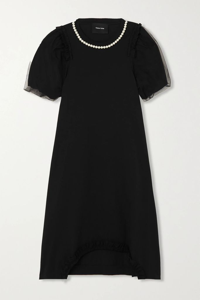 Faux Pearl-embellished Tulle-trimmed Cotton-jersey Midi Dress - Black