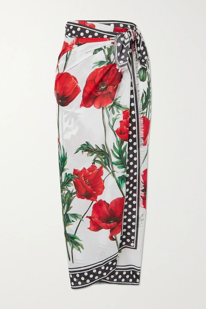 Frayed Floral-print Cotton-voile Pareo - Red