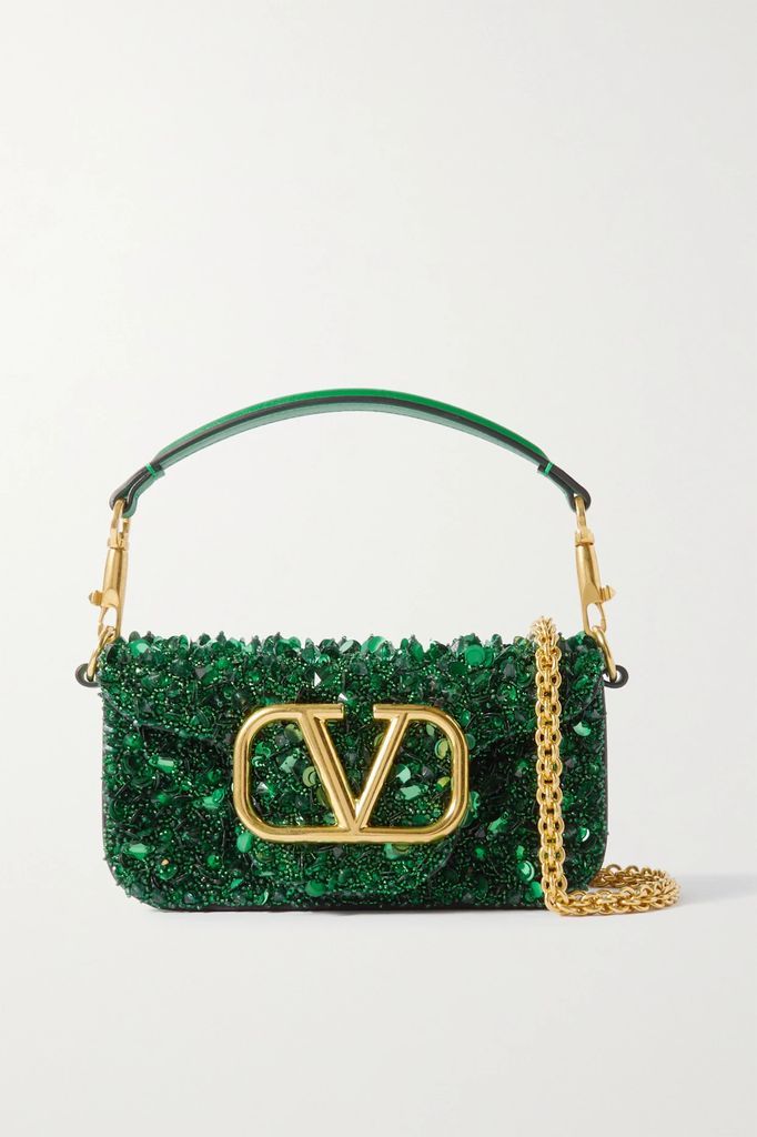 Valentino Garavani Vlogo Embellished Leather Shoulder Bag - Green
