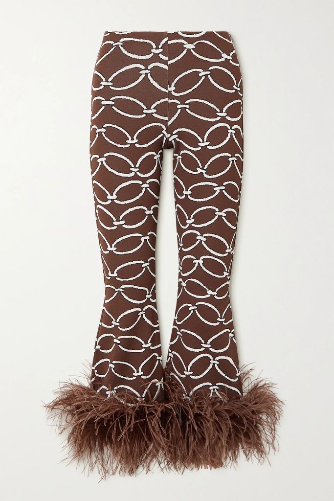 Cropped Feather-trimmed Stretch Jacquard-knit Pants - Brown