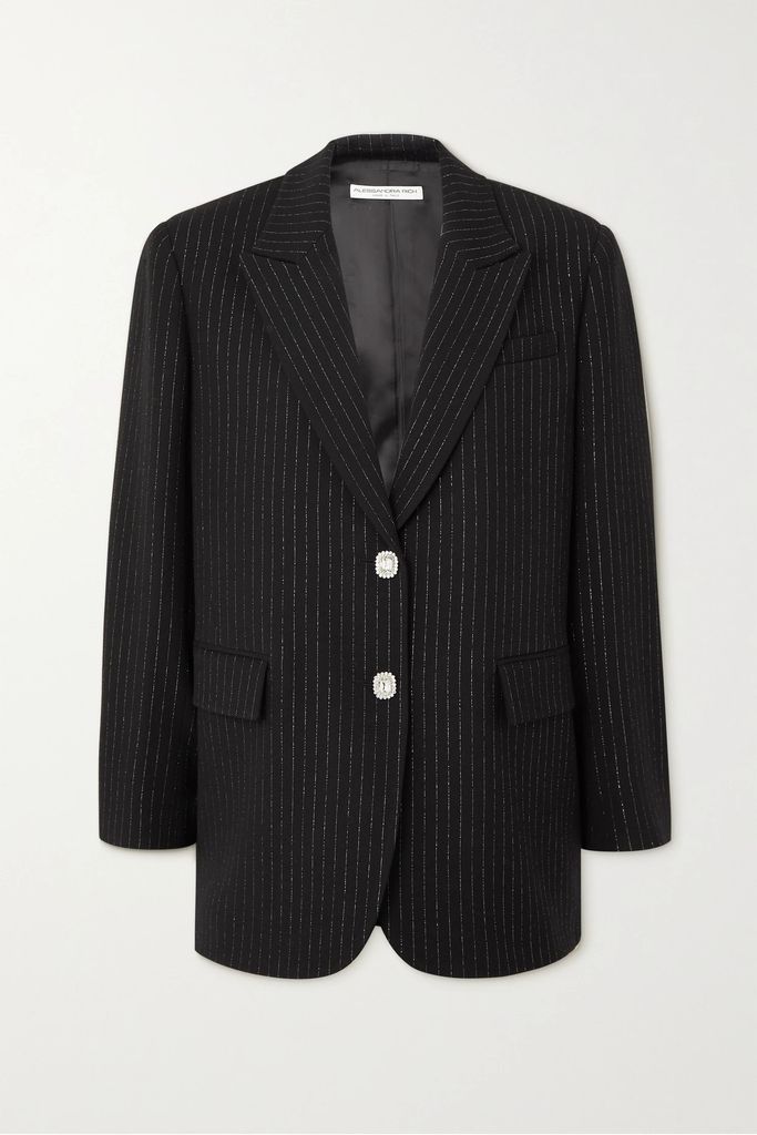 Embellished Pinstriped Metallic Wool-blend Twill Blazer - Black