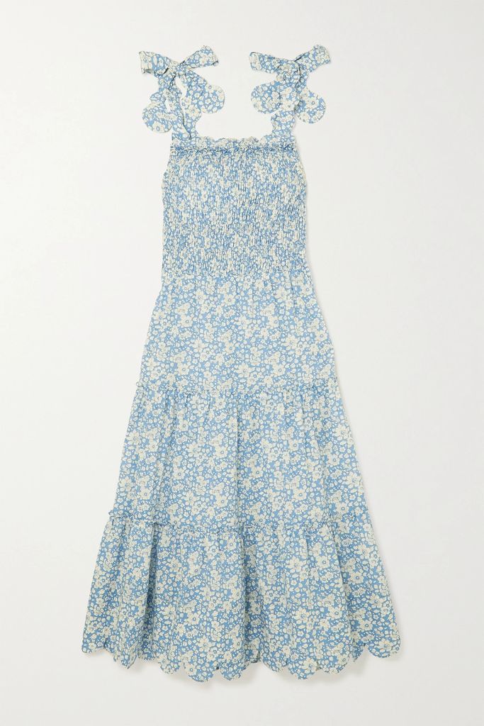 Isa Scalloped Tiered Floral-print Cotton Midi Dress - Blue