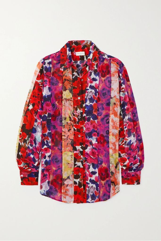 Paneled Floral-print Crepe Shirt - Red