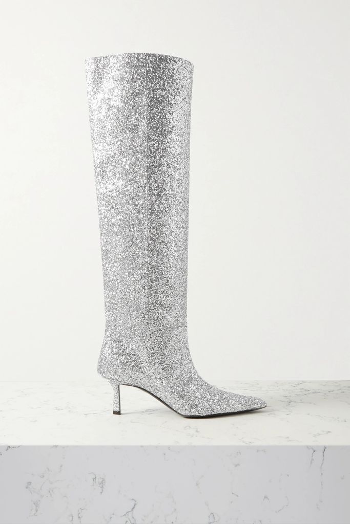 Viola Glittered Leather Knee Boots - Silver