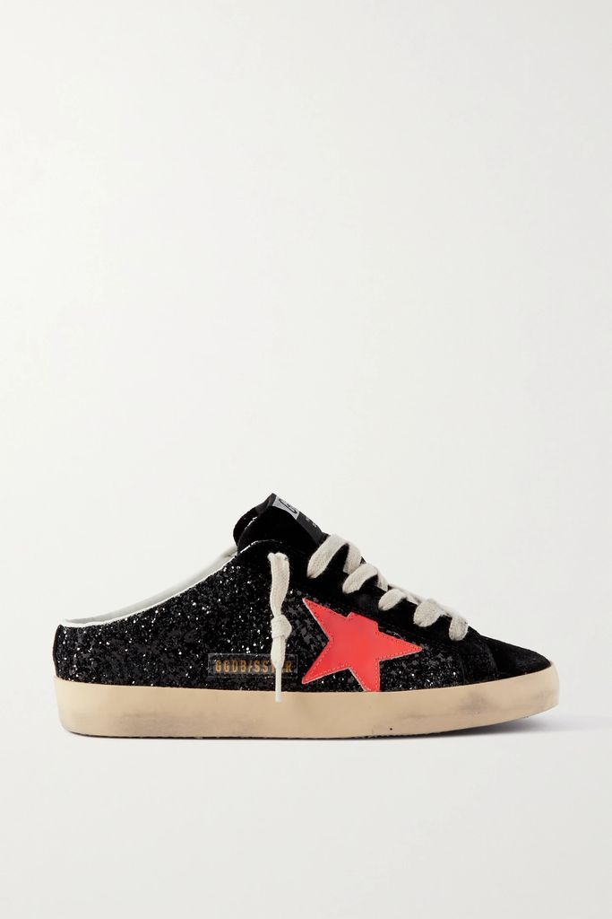 Super-star Sabot Distressed Glittered Leather And Suede Slip-on Sneakers - Black