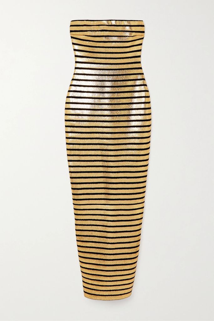 Strapless Metallic Striped Knitted Gown - Gold