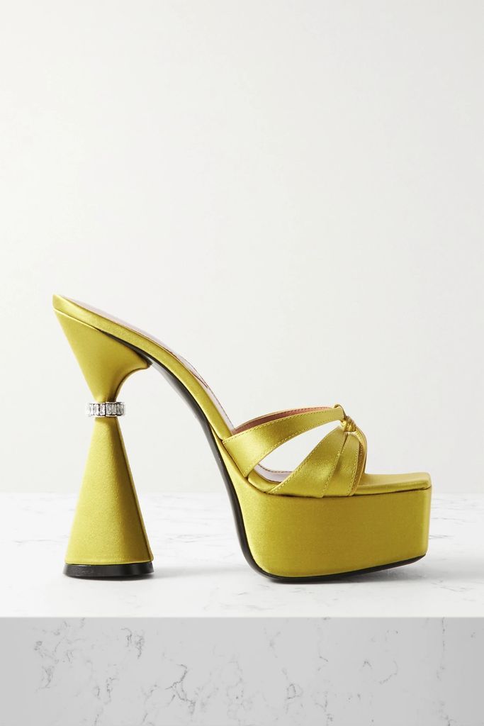 Sienna Leather-trimmed Embellished Satin Platform Mules - Yellow