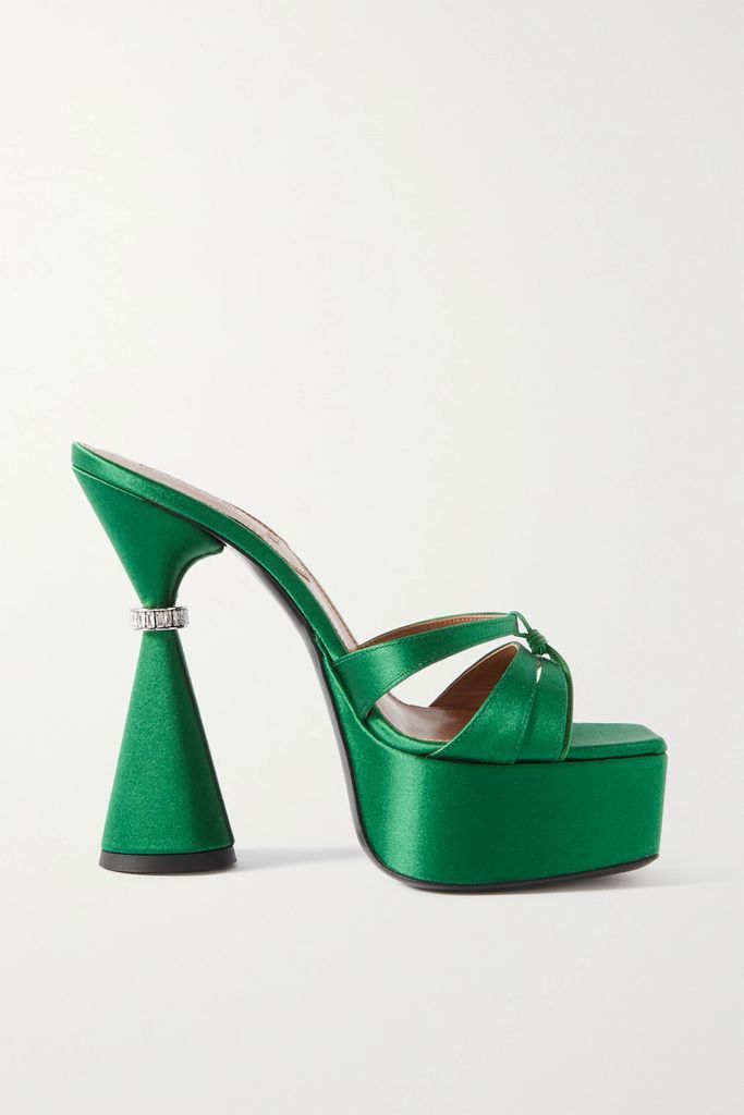 Sienna Leather-trimmed Embellished Satin Platform Mules - Green