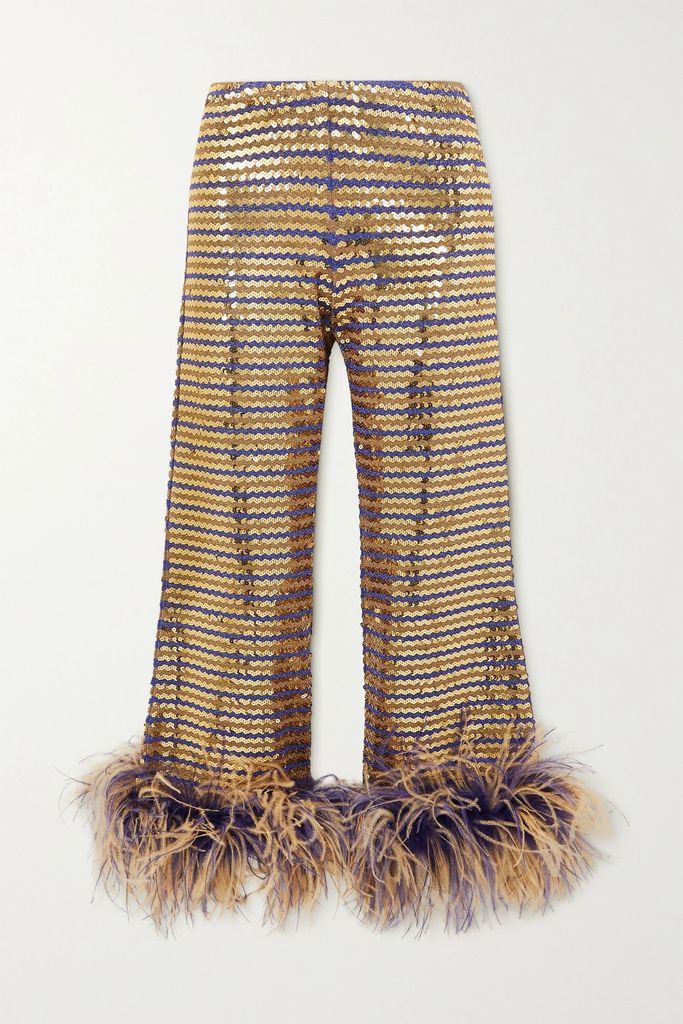 Cropped Feather-trimmed Sequined Lurex Wide-leg Pants - Gold