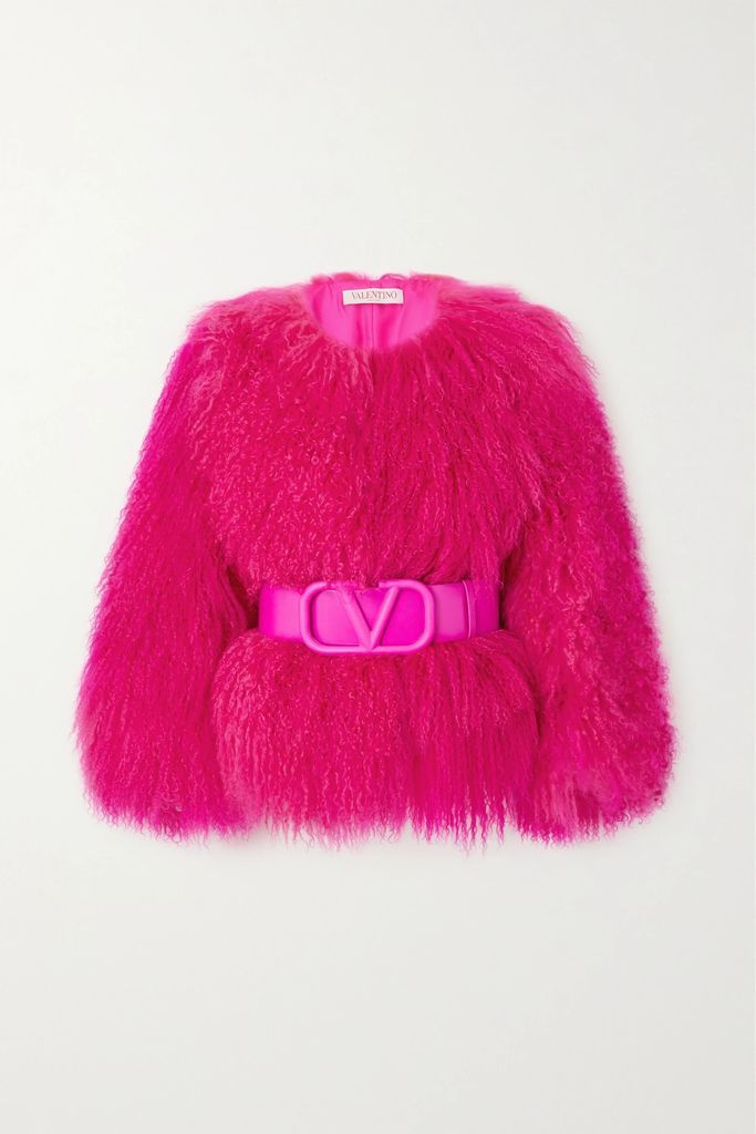 Belted Leather-trimmed Shearling Coat - Pink
