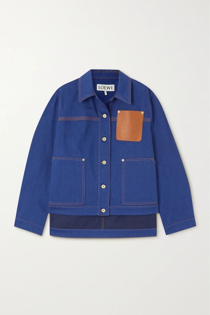 Leather-trimmed Denim Jacket - Blue