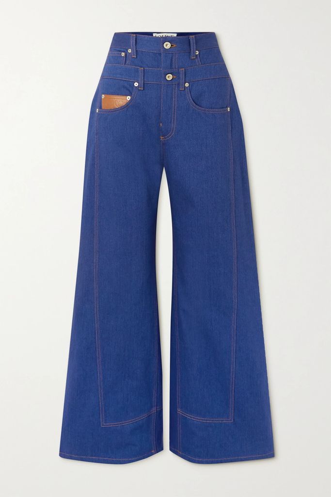 Trompe L'oeil Leather-trimmed Mid-rise Wide-leg Jeans - Blue