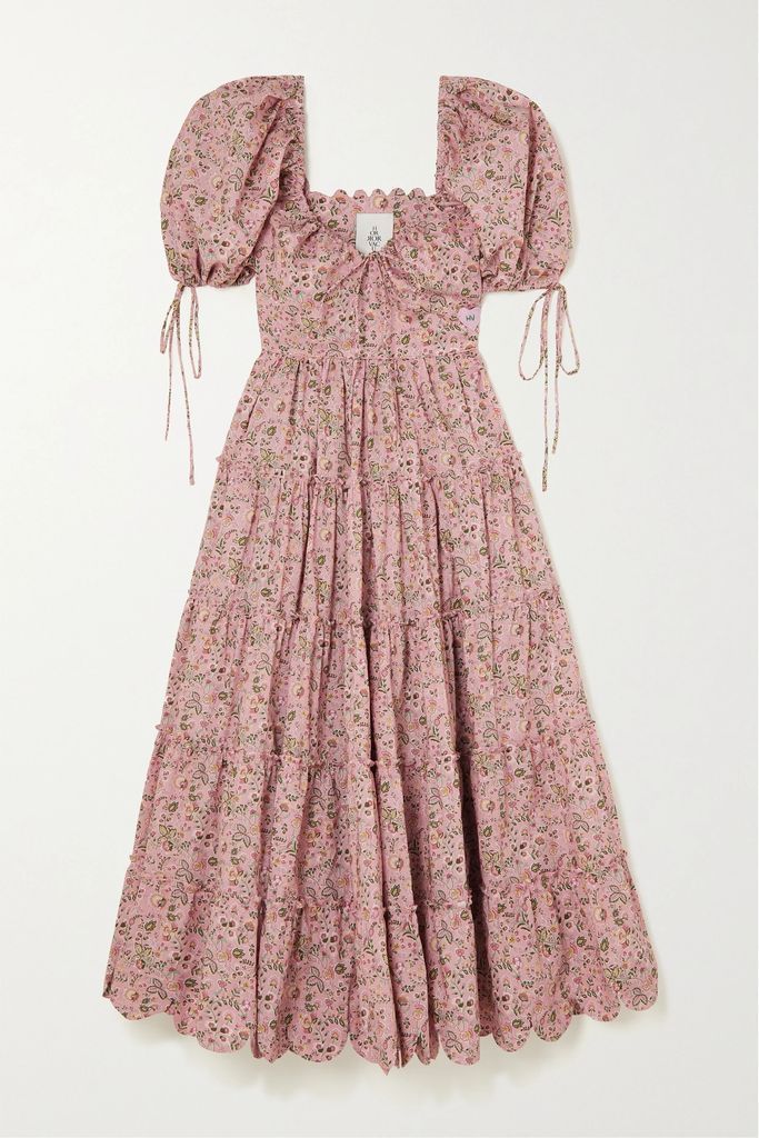 Freja Tiered Scalloped Floral-print Cotton-poplin Midi Dress - Blush