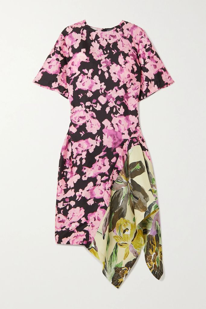 Asymmetric Floral-print Silk-twill Midi Dress - Pink