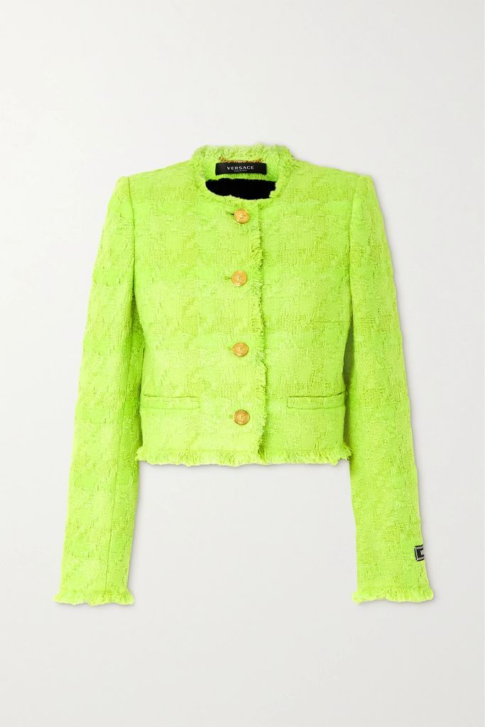 Fringed Metallic Checked Wool-blend Tweed Jacket - Bright green