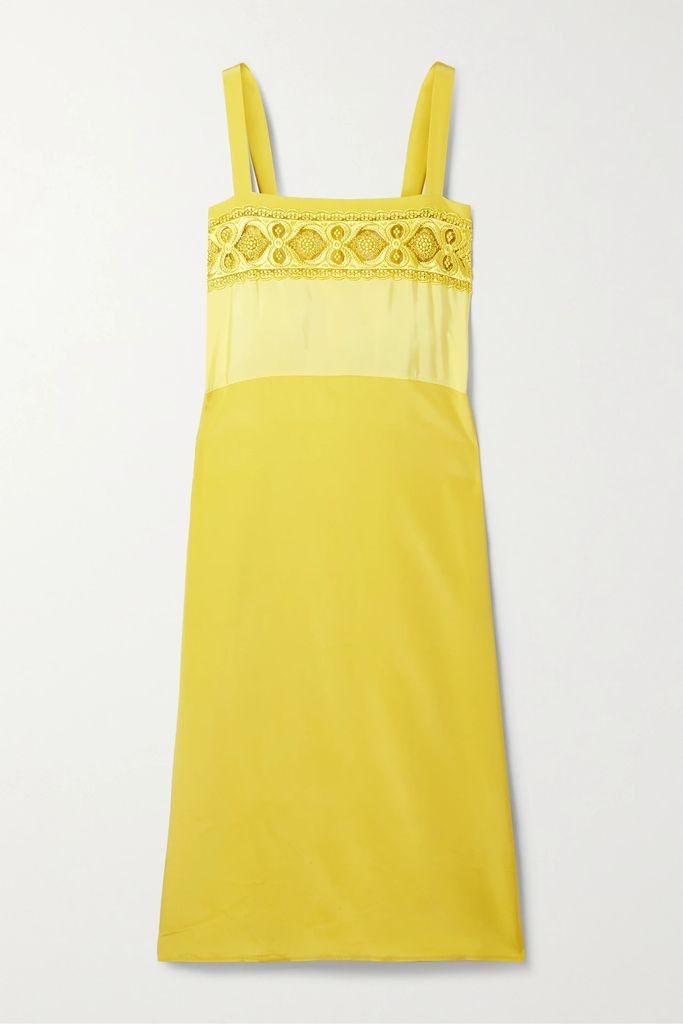 Lace-trimmed Charmeuse Midi Dress - Yellow