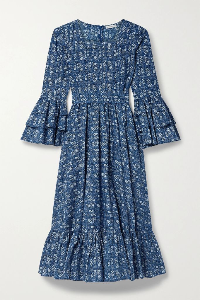 + Laura Ashley Waverly Ruffled Floral-print Cotton-poplin Midi Dress - Blue