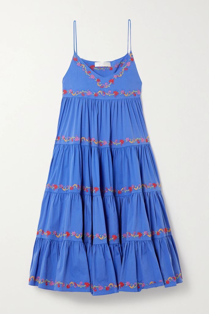 Katarina Tiered Embroidered Cotton-blend Poplin Midi Dress - Blue