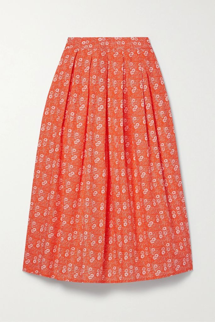 + Laura Ashley Eres Pleated Floral-print Cotton-poplin Midi Skirt - Bright orange