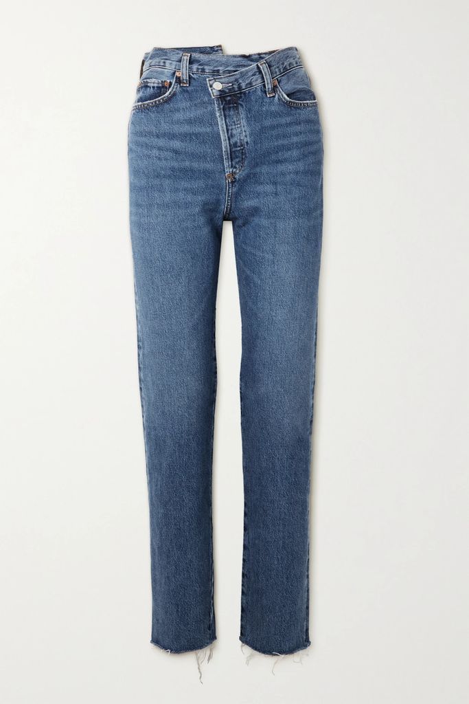 Criss Cross Frayed High-rise Straight-leg Organic Jeans - Dark denim