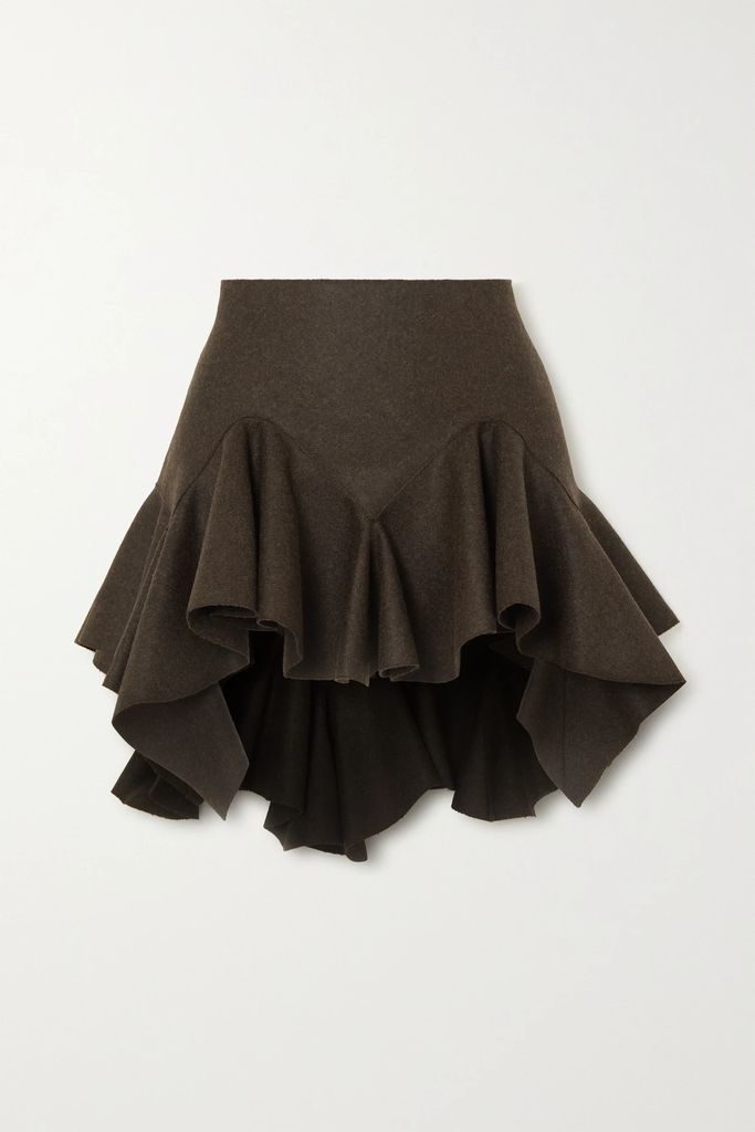 Asymmetric Ruffled Wool Mini Skirt - Brown