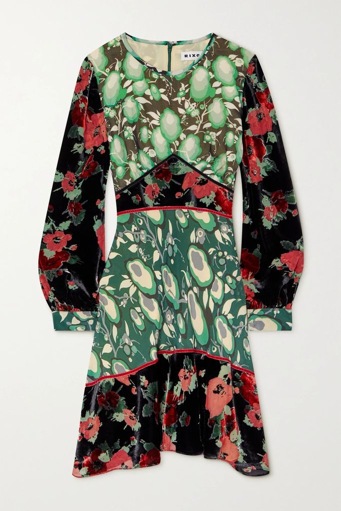 Edith Floral-print Silk Crepe De Chine And Devoré-velvet Mini Dress - Green