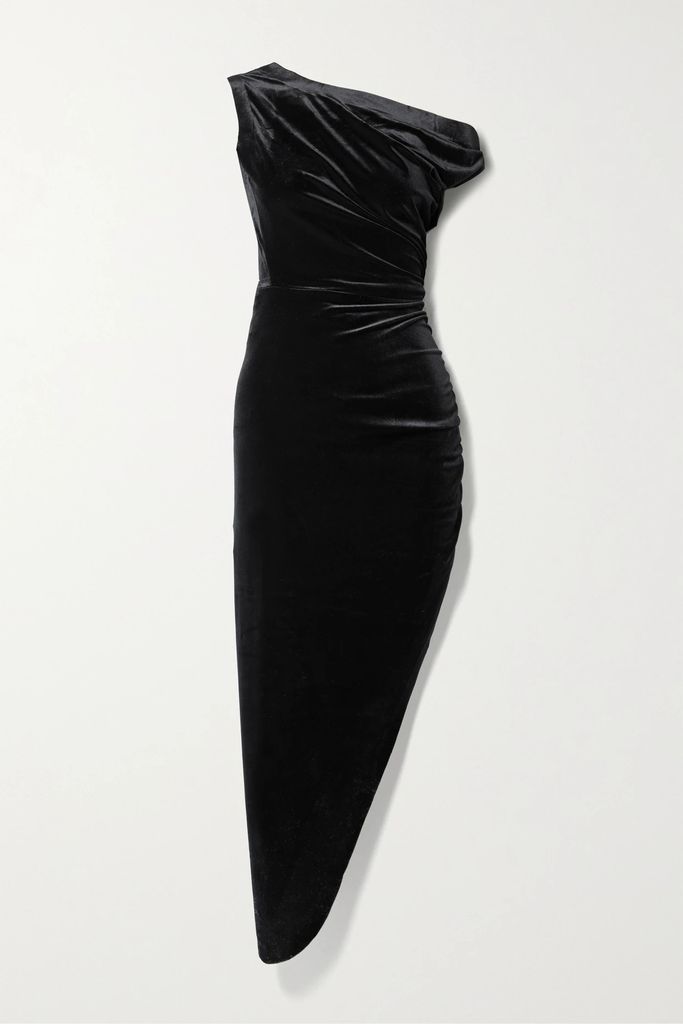 Asymmetric Draped Ruched Stretch-velvet Dress - Black