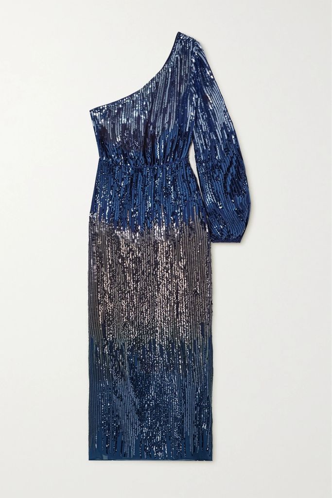 Bradshaw One-shoulder Ombré Sequined Crepe Maxi Dress - Blue