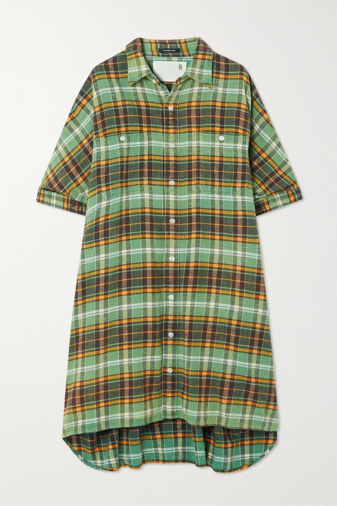 Checked Cotton-flannel Mini Shirt Dress - Green