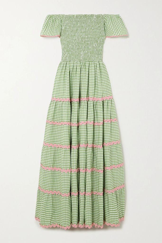 Karpathos Shirred Tiered Ric Rac-trimmed Checked Cotton Maxi Dress - Green