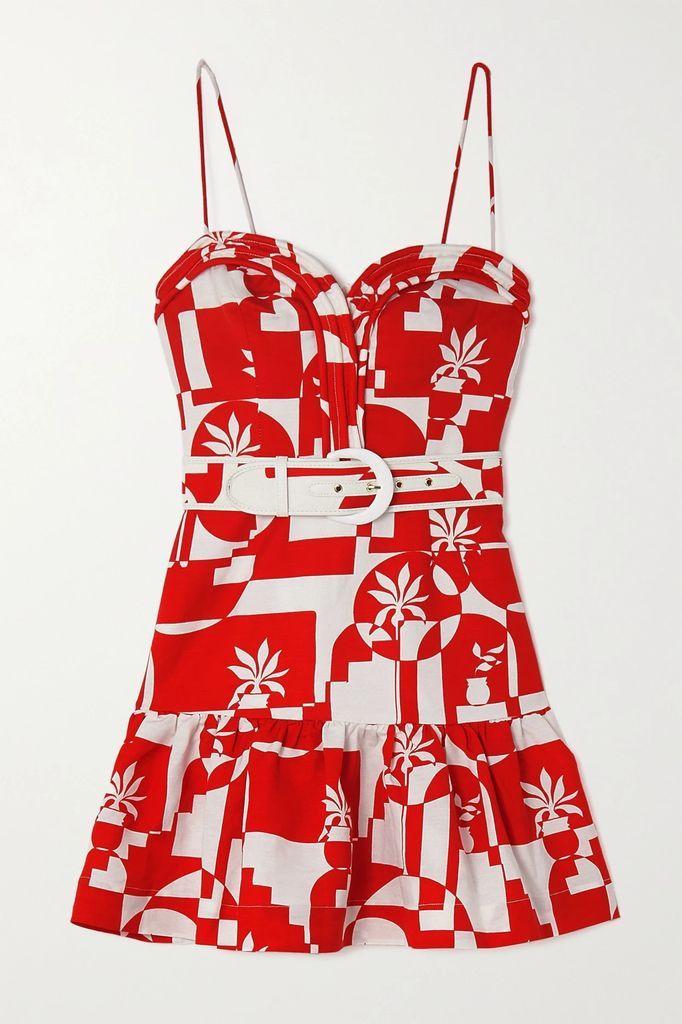 Barcelona Belted Printed Linen-blend Mini Dress - Red