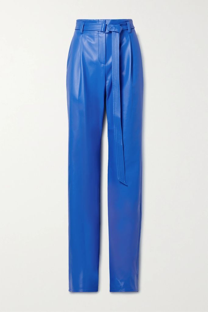 Belted Pleated Faux Leather Straight-leg Pants - Azure