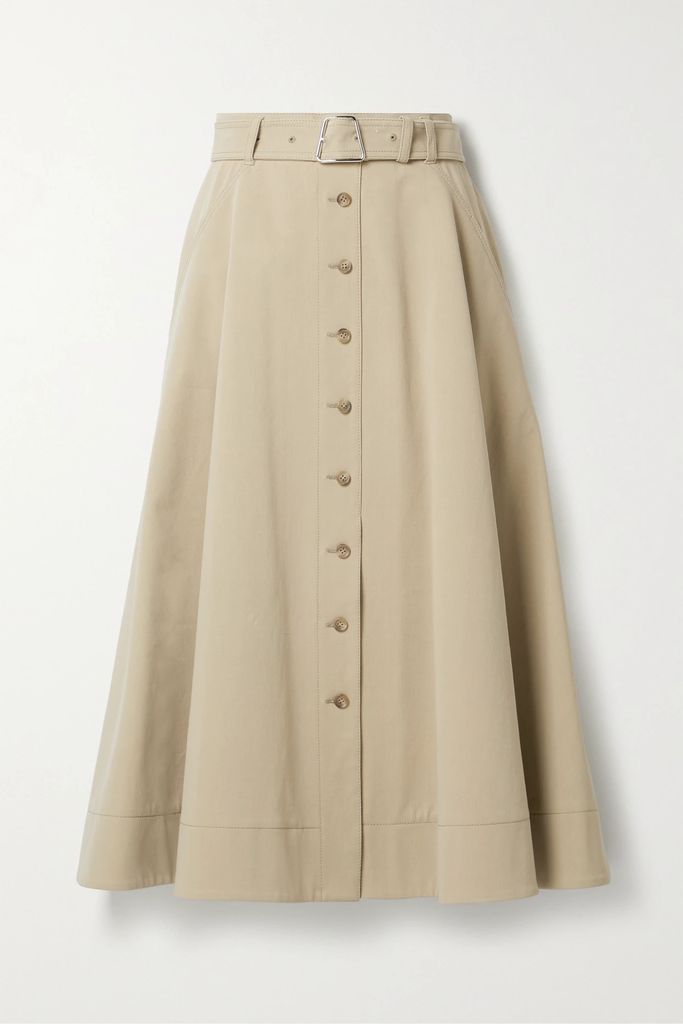 Belted Cotton-blend Twill Midi Skirt - Beige