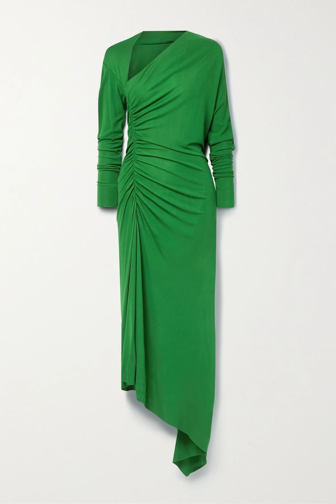 Asymmetric Ruched Stretch-jersey Midi Dress - Dark green