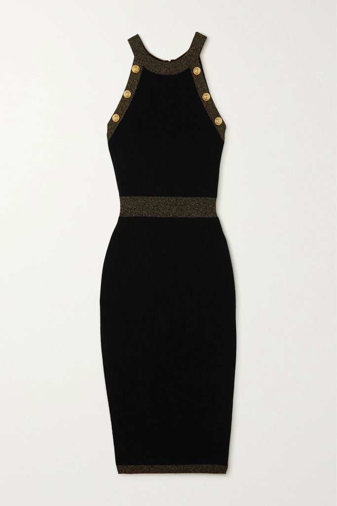 Button-embellished Metallic Ribbed-knit Midi Dress - Black