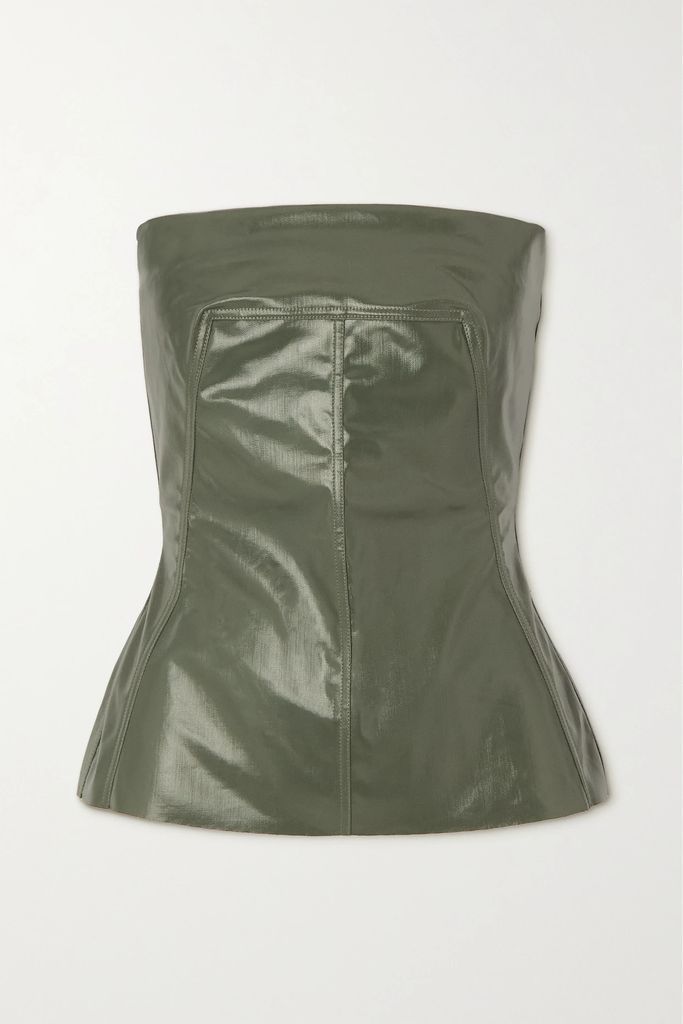 Strapless Paneled Coated-denim Bustier Top - Green