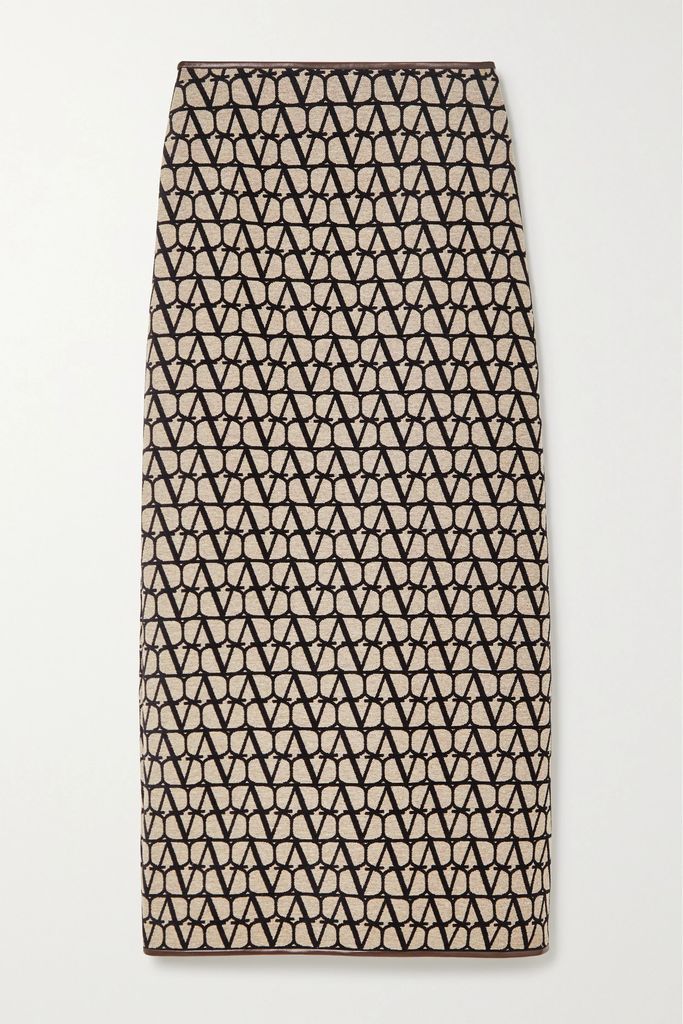 Leather-trimmed Canvas-jacquard Maxi Skirt - Brown