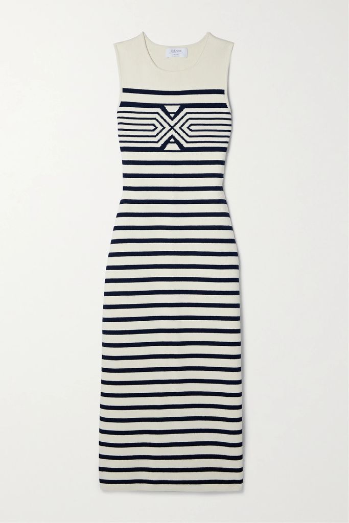 Striped Cotton Midi Dress - Navy