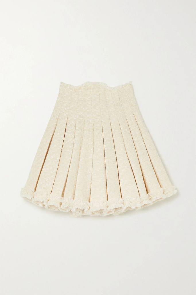 Frayed Pleated Cotton-blend Tweed Mini Skirt - Off-white